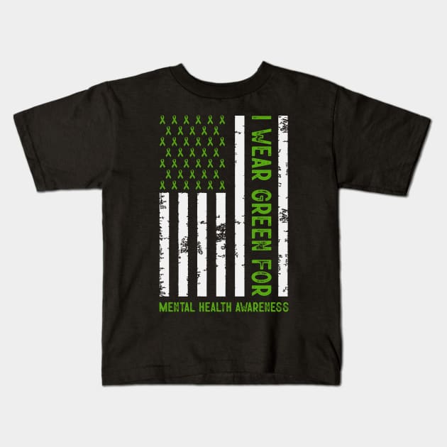 I Wear Green For Mental Health Awareness USA Flag Kids T-Shirt by FrancisDouglasOfficial